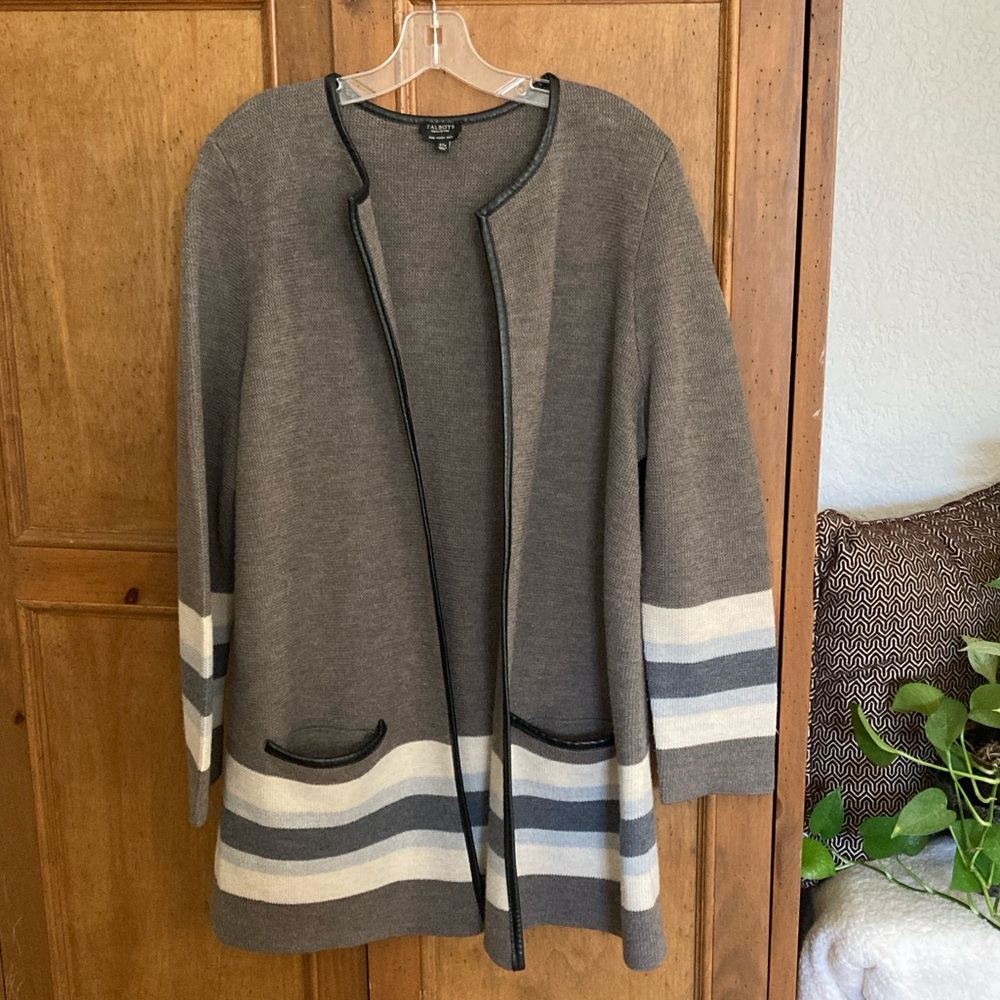 Talbots Open Cardigan Sweater Merino Wool Petite Plus 2XP Gray w-Faux Leather